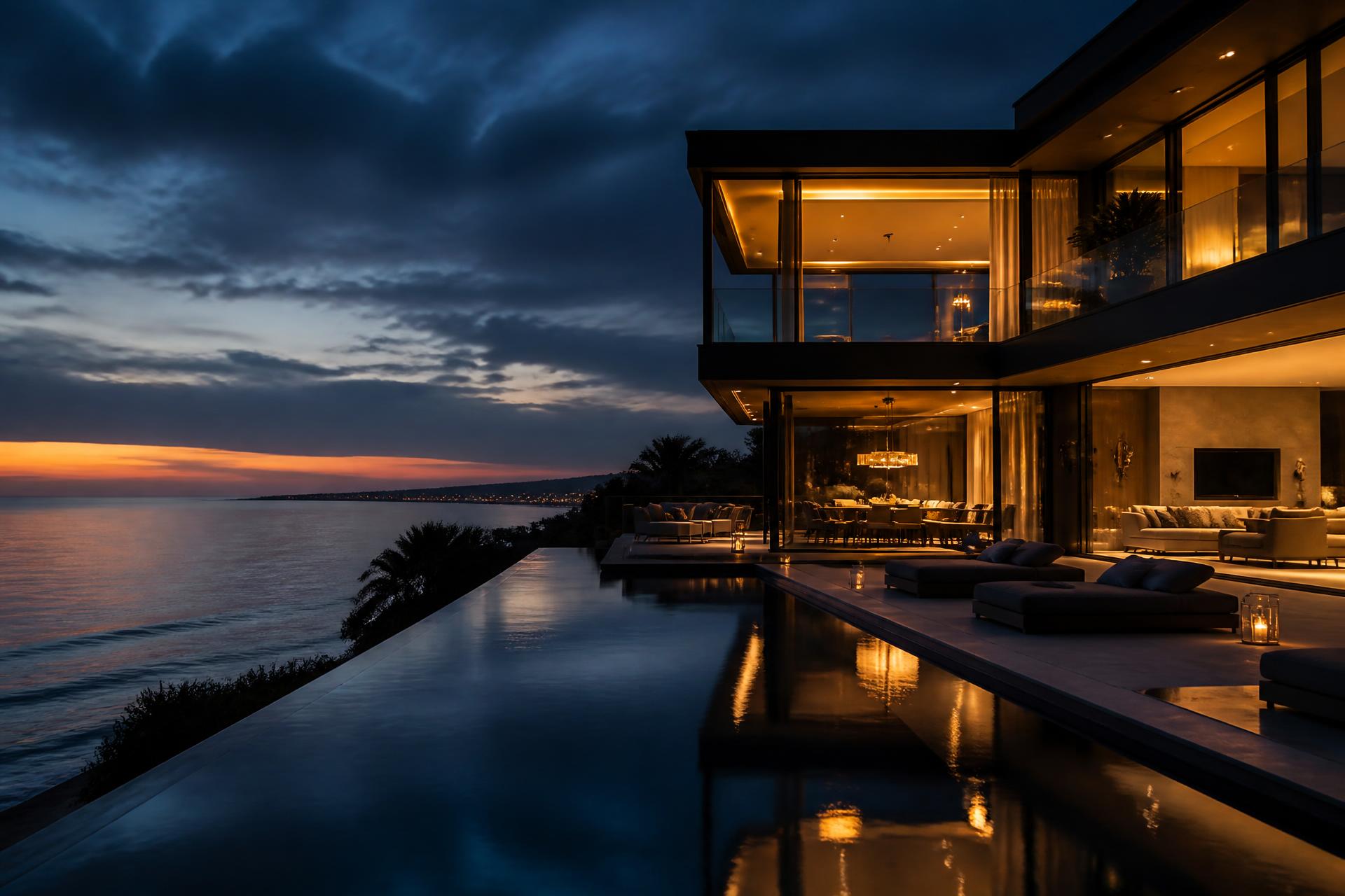 Luxury oceanfront residence at dusk on the Southern California coast